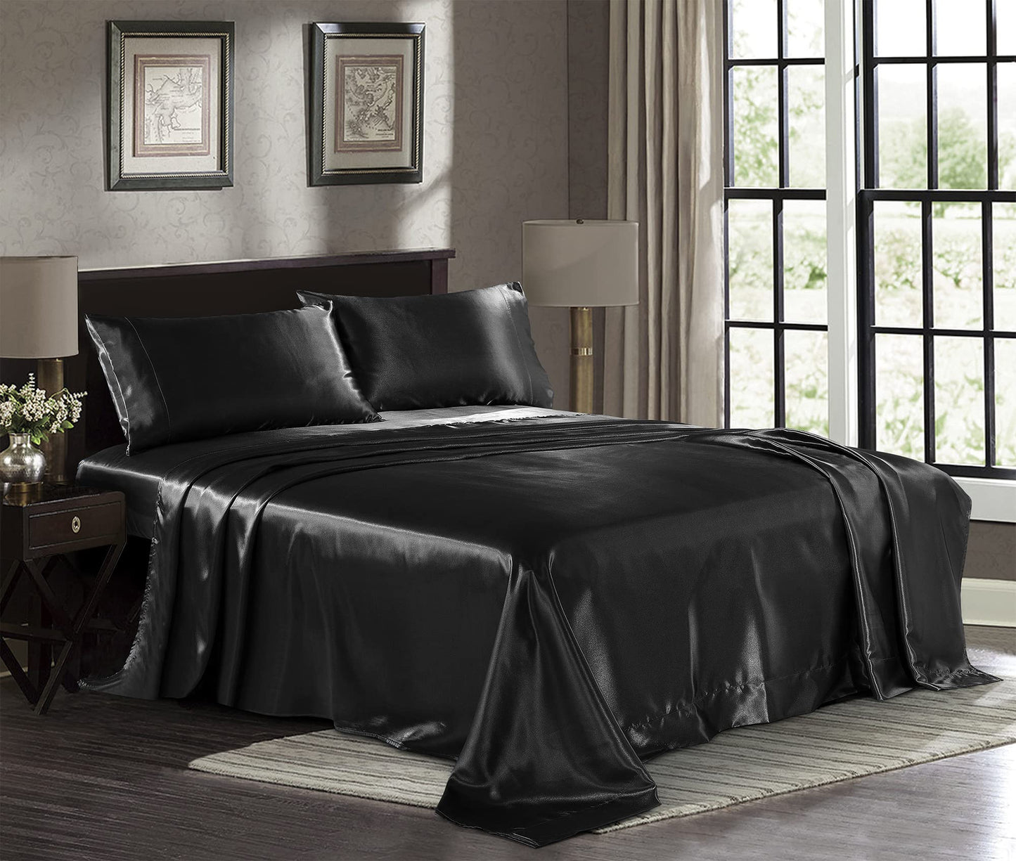 Pure Bedding Satin Sheets Queen [4-Piece, Black] Hotel Luxury Silky Bed Sheets - Extra Soft 1800 Microfiber Sheet Set, Wrinkle, Fade, Deep Pocket Fitted Sheet, Flat Sheet, Pillow Cases