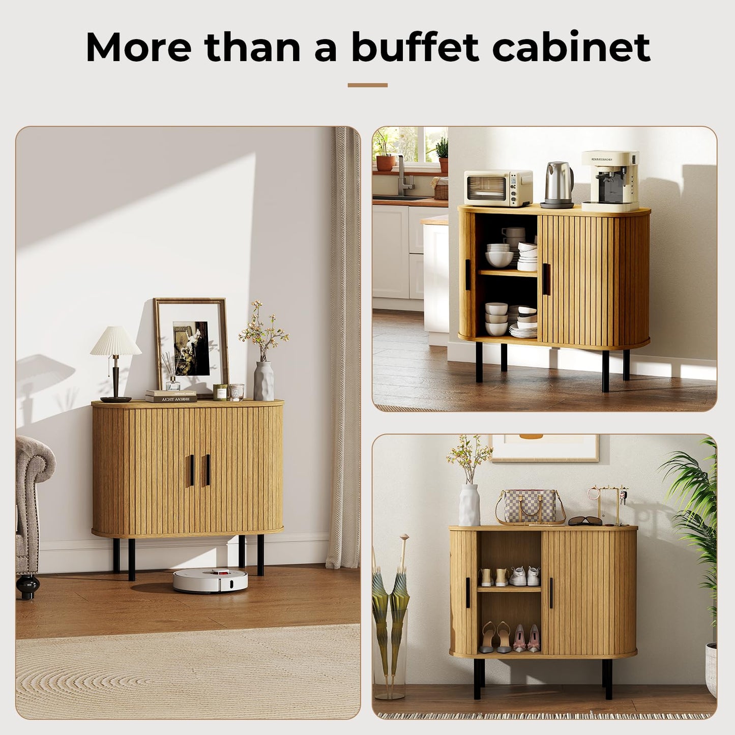 BREEZEHEAT 35" Fluted Sideboard Buffet Cabinet –Mid Century Modern Accent Cabinet-Tambour Credenza Console Table w/Sliding Doors & Adjustable Shelves–for Kitchen, Entryway, Living Room, Dining Room