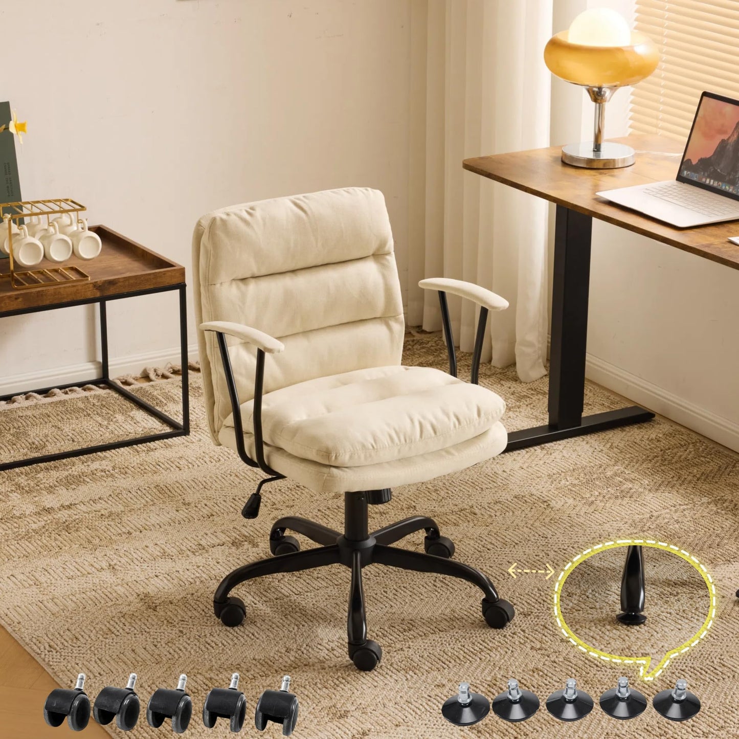 VINGLI Comfortable Office Desk Chairs with/No Wheels,Dual-Base,Removable Armrests,Adjustable Comfy Swivel Computer Task Nail Tech Chair for Office,Sewing,Makeup Vanity,Teen,Linen Fabric,Pale Yellow