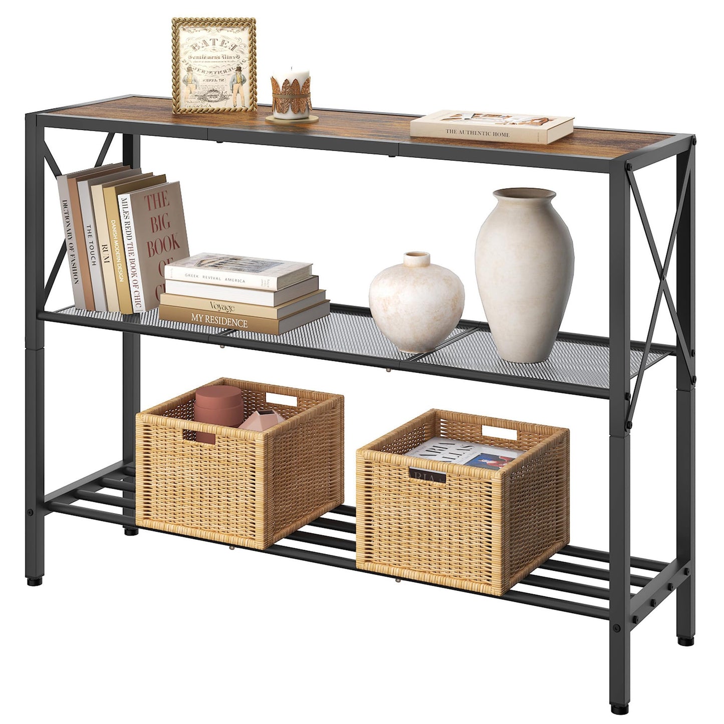 Hoctieon Industrial Console Table, 3 Tier Entryway Tables, Hallway Desk, Narrow Sofa Tables with Shelves, Entrance Table for Entryway, Living Room, Foyer, Hallway, Office, Rustic Brown&Black