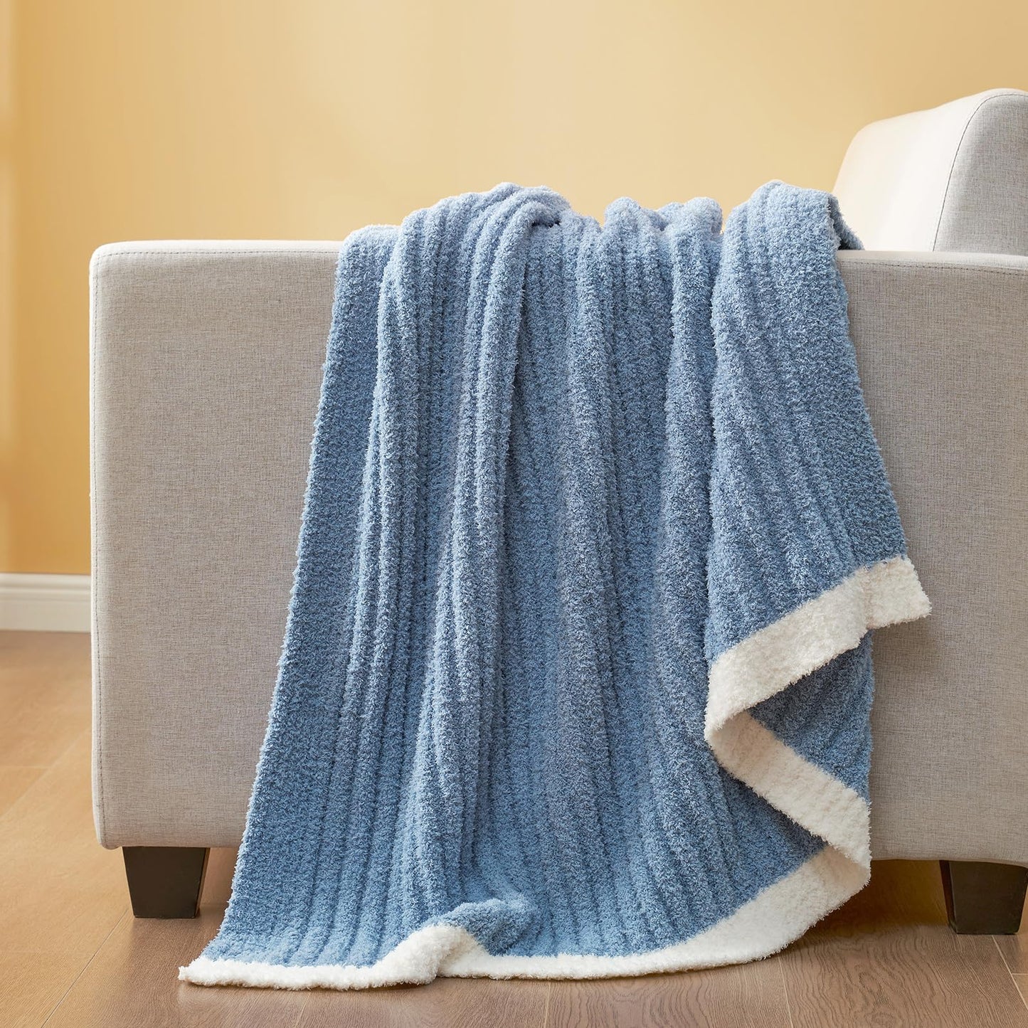 Snuggle Sac Ribbed Blue Throw Blanket for Couch, Microfiber Knit Stripe Throws, Soft Fuzzy Blankets for Couch, Sofa, Travel, Blue, 50x60 inches