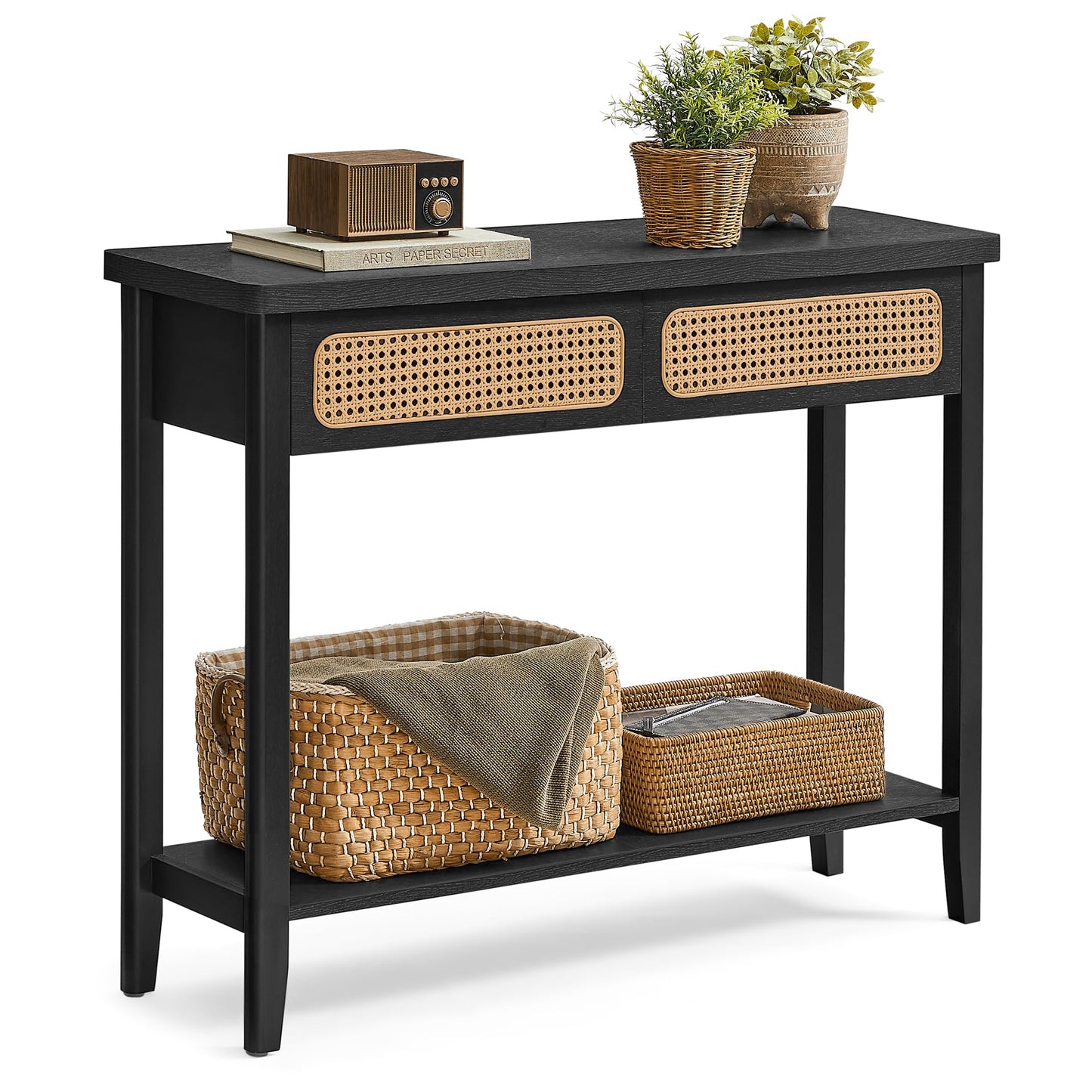 VASAGLE Console Table, Sofa Table, Narrow Entryway Table with 2 Drawers, Open Storage Shelf, Rounded Corners, for Living Room, Boho Style, Ash Black ULNT016B21