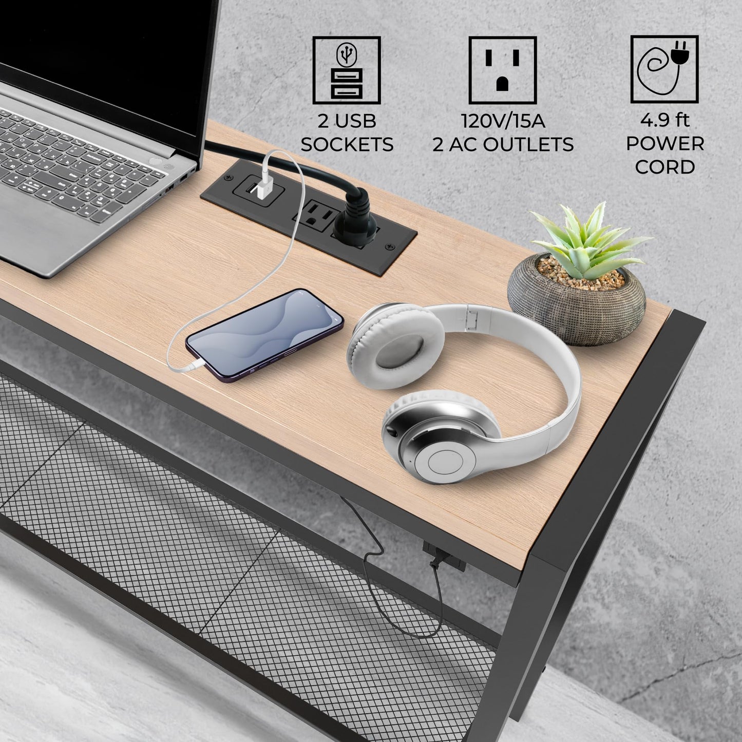 Entryway Table with Power Outlet, 43" Farmhouse Industrial Narrow Console Table with storage shelf, 2 USB and 2 Sockets Sofa Table for Entrance, Living Room and Hallway with long Power Cord, Beechwood