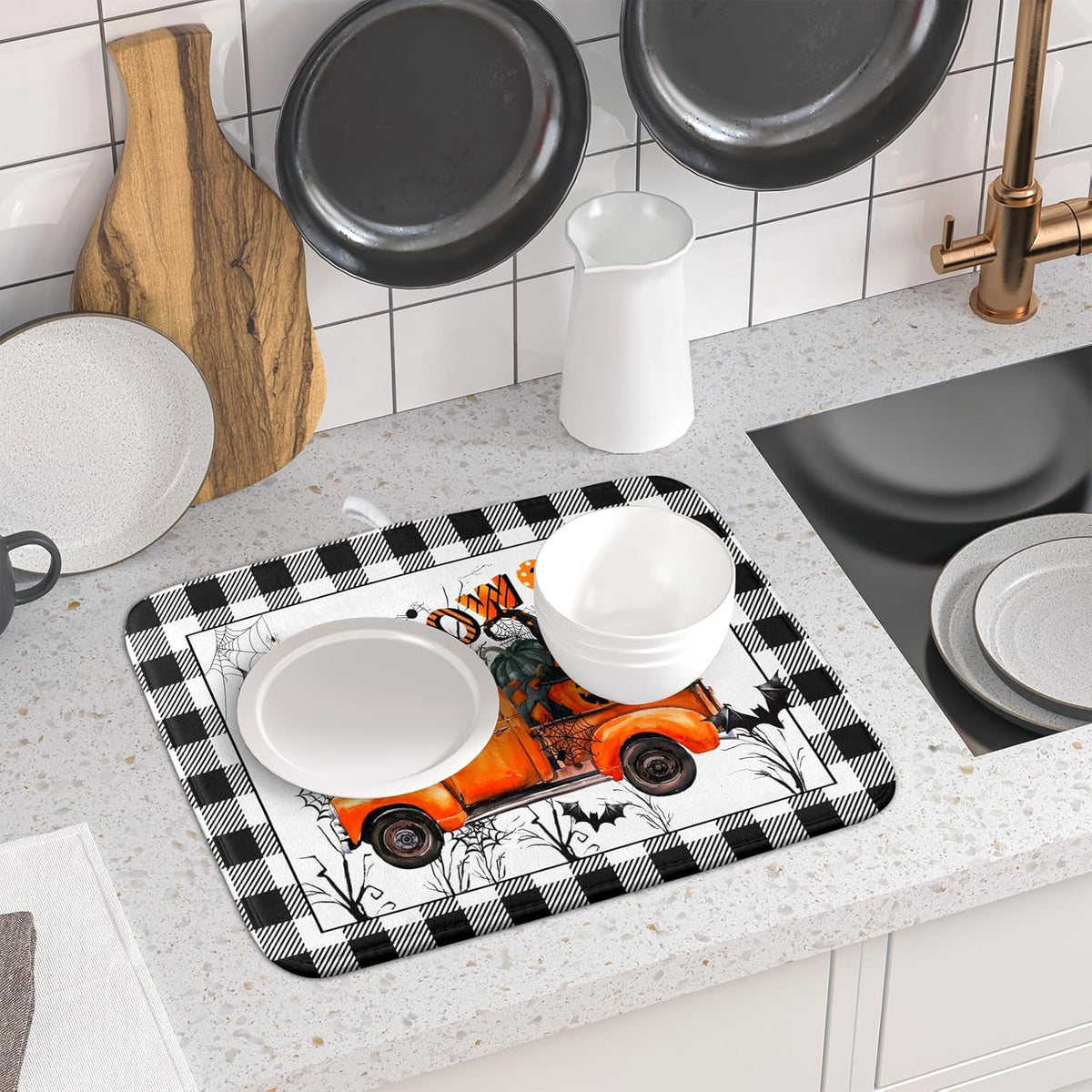 Holiday Truck Dish Drying Mat - Orange Holiday Absorbent Microfiber Dish Drying Pad for Kitchen Counter