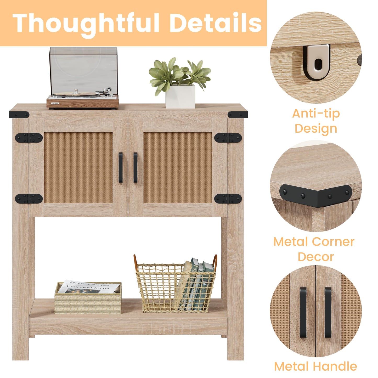 MELLCOM Console Table with Rattan Doors, Farmhouse Entryway Table with Storage Cabinet, Wood Hallway Desk with Open Storage Shelf for Living Room, Bedroom & Office