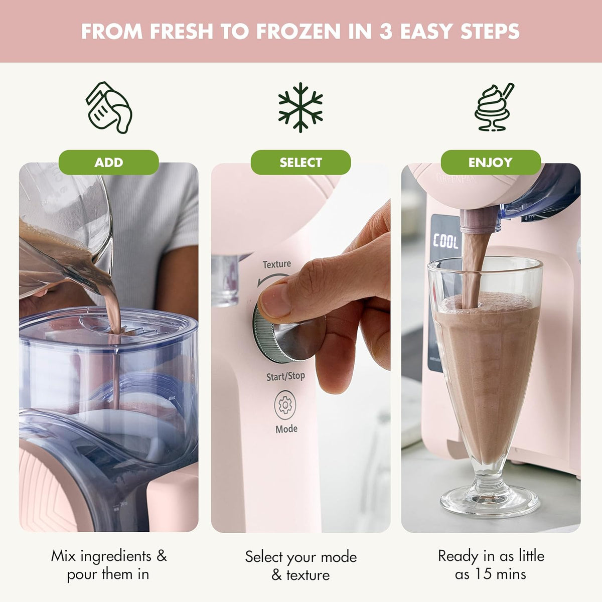 GreenPan Frost Ice Cream Machine & Frozen Drink Maker, Soft Serve, Slushie, Milkshakes & Cocktails, No Freezer Needed, 15-in-1, 7 Textures, Quiet & Rapid, Easy Clean, Family Size, Strawberry Pink