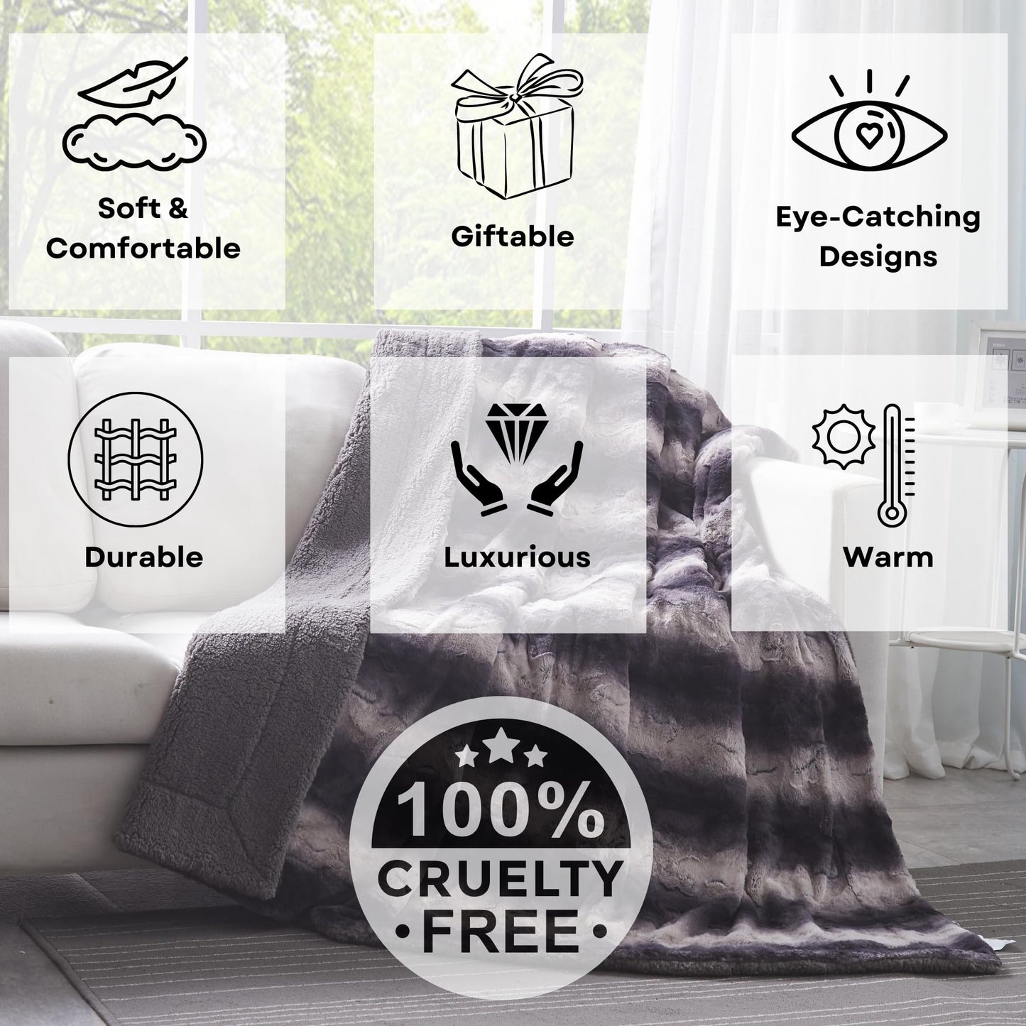 Tache Faux Fur Throw Blanket Charcoal Black 50 x 60 Inch Plush Super Soft Striped Fluffy Faux Fur Sherpa Lap Throw Blanket
