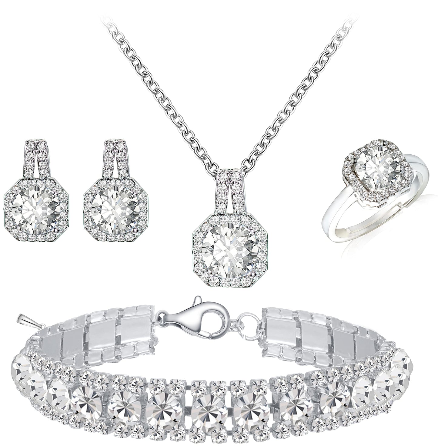 4pcs Cubic Zirconia Wedding Jewelry Sets for Bride Bridesmaid Cubic Zirconia Pendant Necklace Earrings Link Tennis Bracelet Open Ring Set for Women