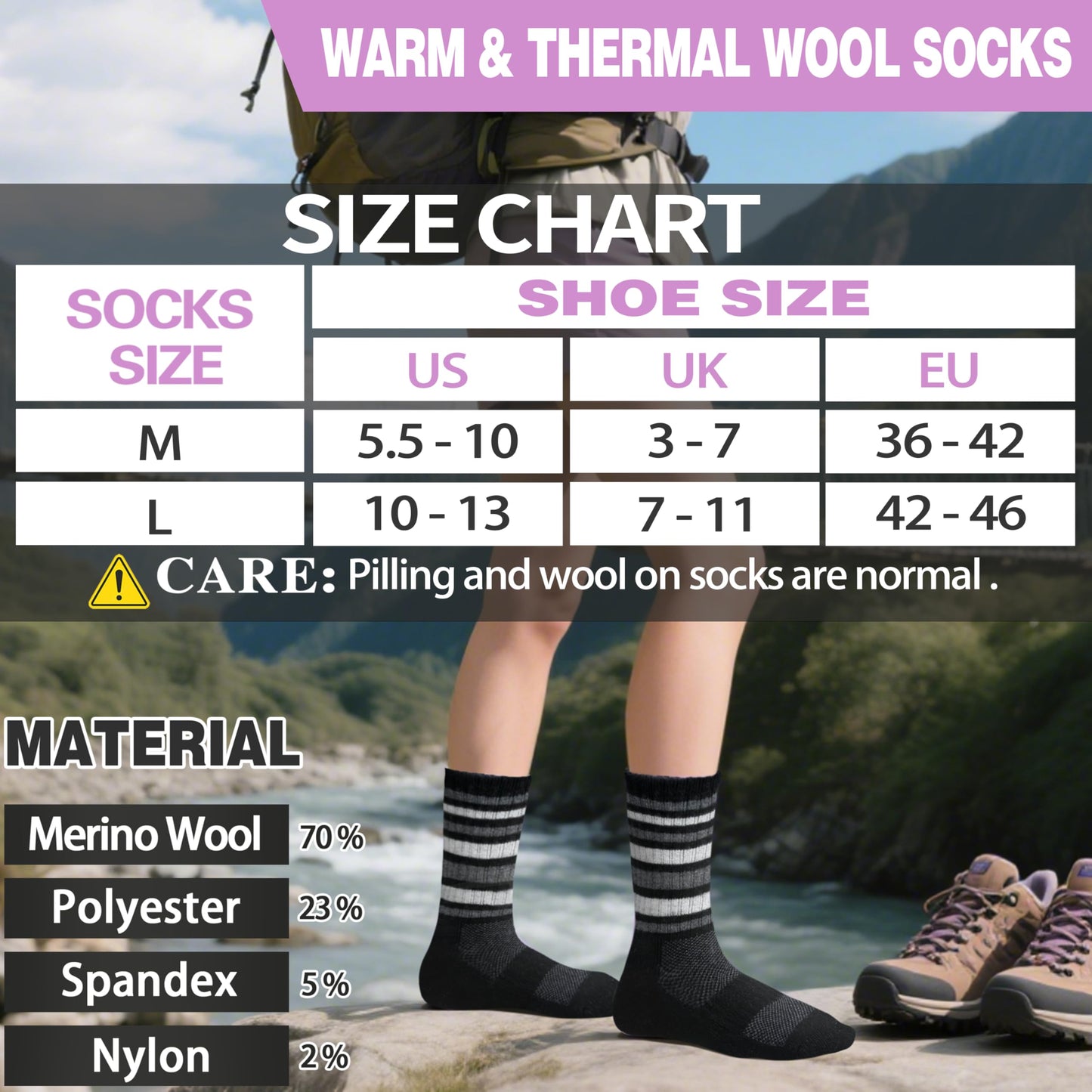 EBMORE Womens Merino Wool Hiking Socks Thermal Warm Winter Boot Crew Cushion Work Gift Socks 5 Pairs(Striped-Black,M)