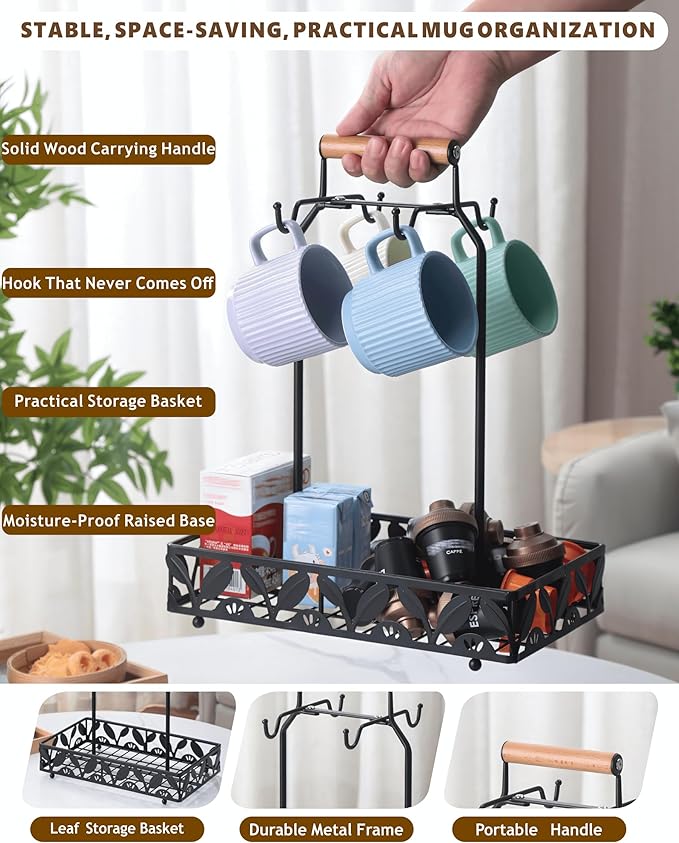 Coffee Mug Holder for Countertop, Mug Tree & Mug Rack with Storage Basket, 2-in-1 Organizer Holds 4 Large Mugs, Kitchen Cup Holder for Coffee Bar Accessories, Pods & Tea Bags, Black Metal with Handle