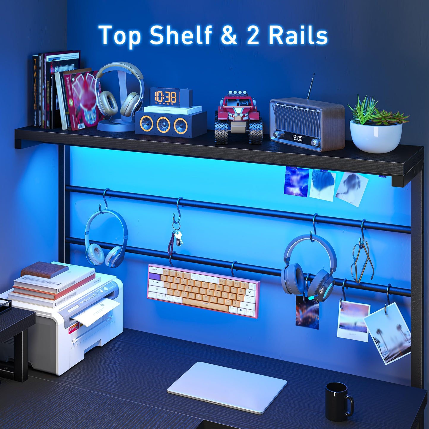 EnHomee L Shaped Gaming Desk with LED Light & Power Outlet, Reversible Computer Desk with Hutch & Drawer, Home Office Desks with Hooks & Monitor Stand, Black