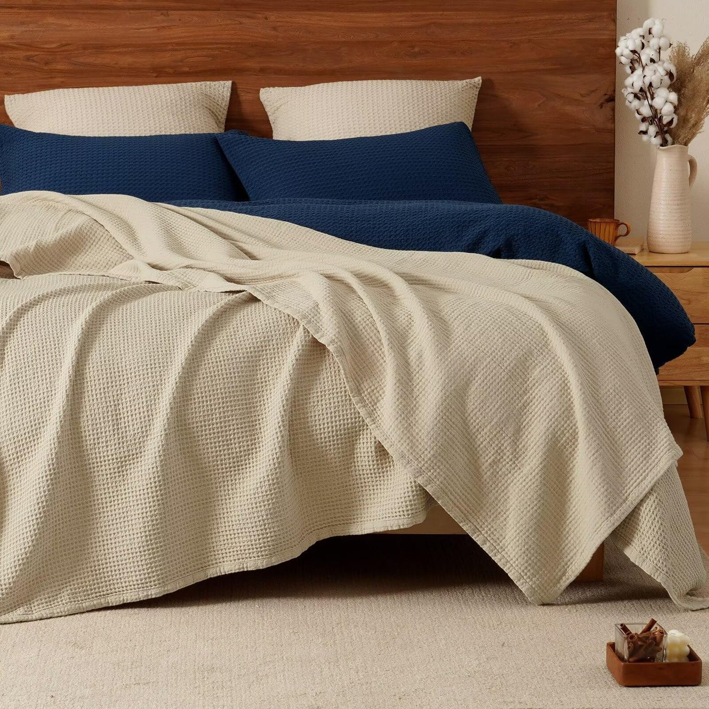PHF 100% Cotton Waffle Muslin Blanket Queen Size, 90" x 90" Lightweight and Breathable Washed Cotton Blanket, Aesthetic Soft Muslin Waffle Bedding for Sofa Bed Home Decor, Oak