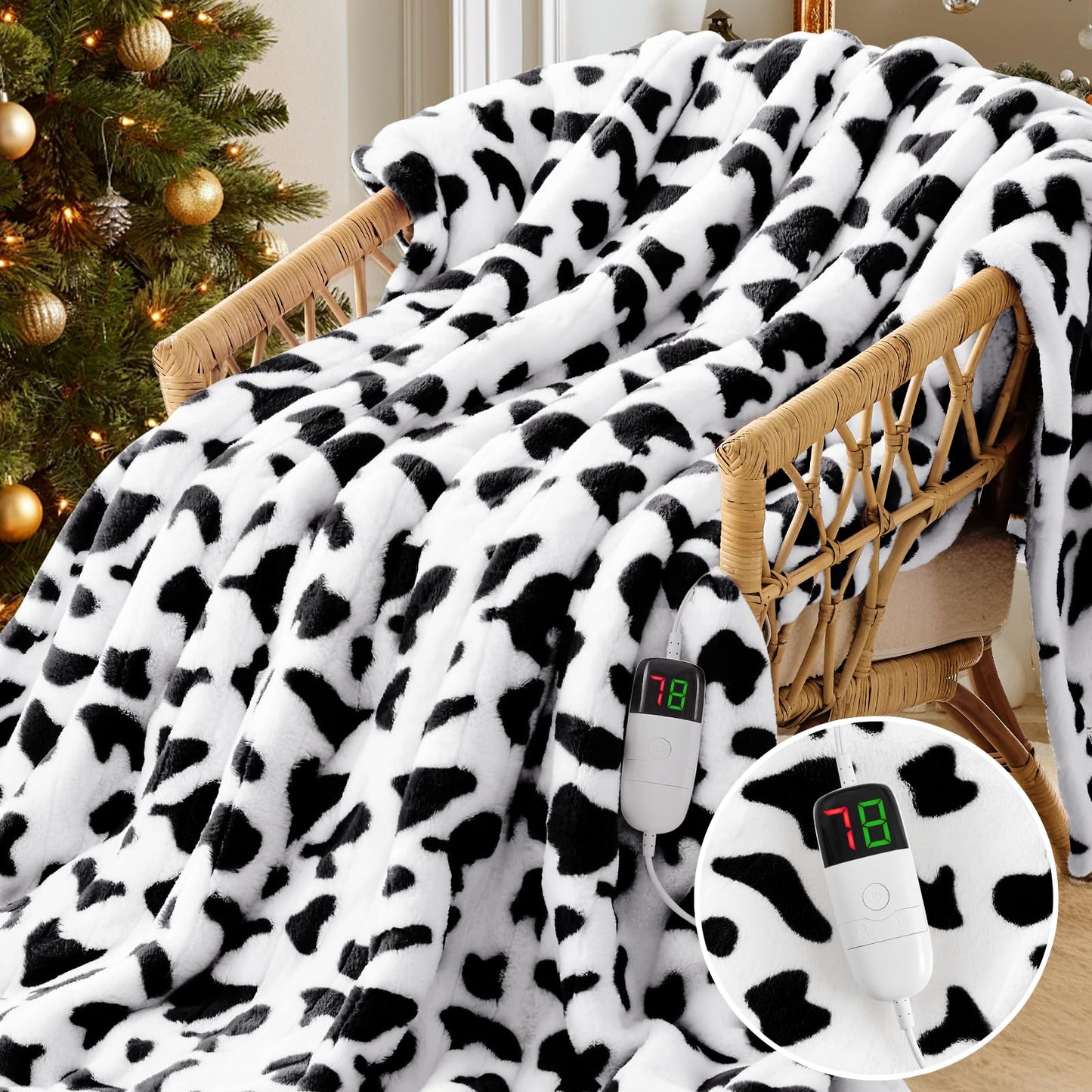 Cow Print Heated Electric Blanket Throw,50X60 Black Heating Blanket with 10 Heats Levels & 8 Hours Auto Off,Cute Cow Decor Stuff Soft Fleece Sherpa Blankets Warmer Gifts for Women Washable,ETL