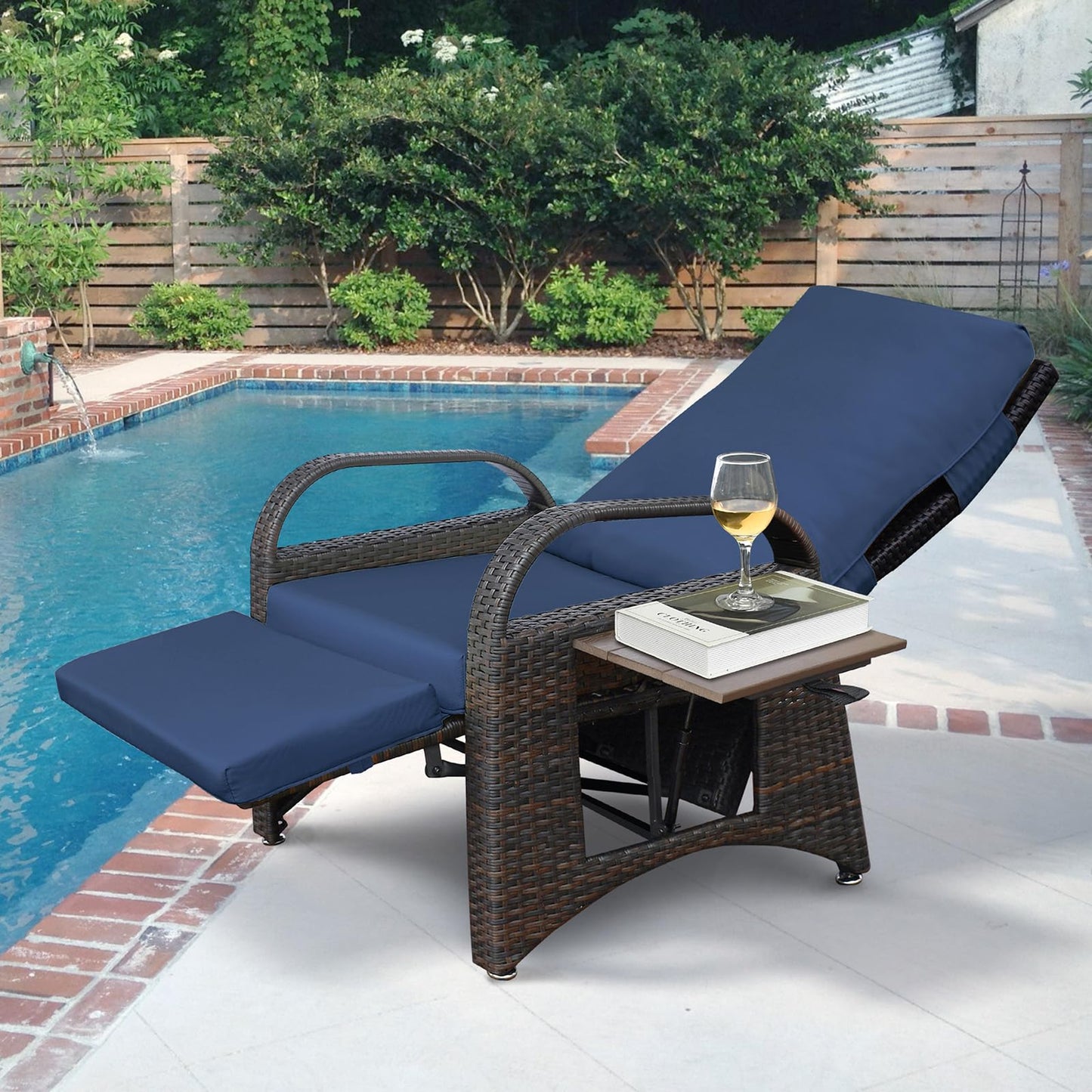 Skypatio Outdoor Wicker Recliner Chair with Side Table, Adjustable Backrest Footrest Patio Recliner Lounge Chair, All-Weather Resin Wicker Reclining Patio Chairs, Navy Blue