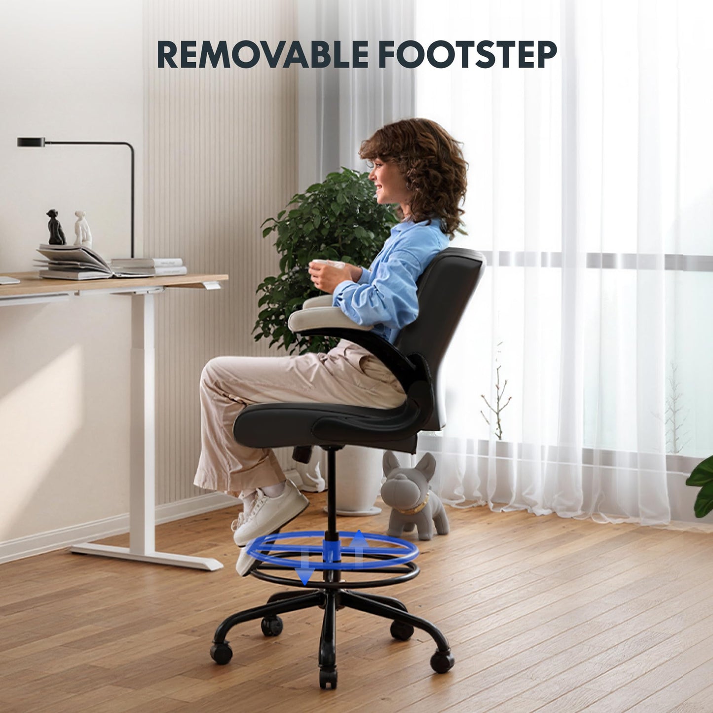 FLEXISPOT Drafting Chair, Black Desk Chair, Comfortable Office Chair with Adjustable Foot Ring Footrest/Flip-up Armrest/4.7in Thick Seat Cushion, Black Vanity Chair with Back, Leather Seat