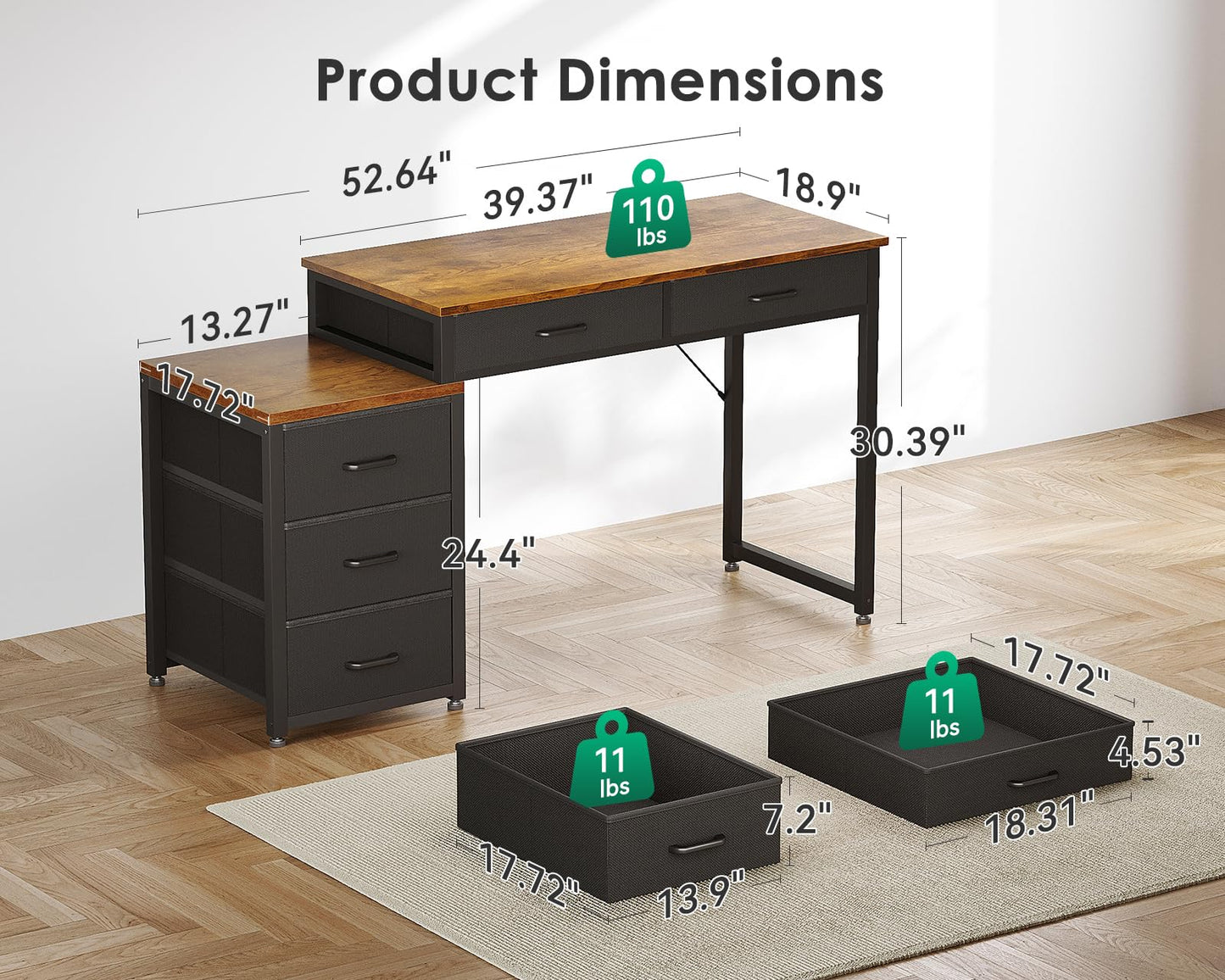 ODK Computer Desk with 5 Drawers, 53 Inch Office Desk with Printer Shelf, Reversible Work Desk for Home Office, Study Writing Table Desk with Drawers for Storage, Rustic Brown
