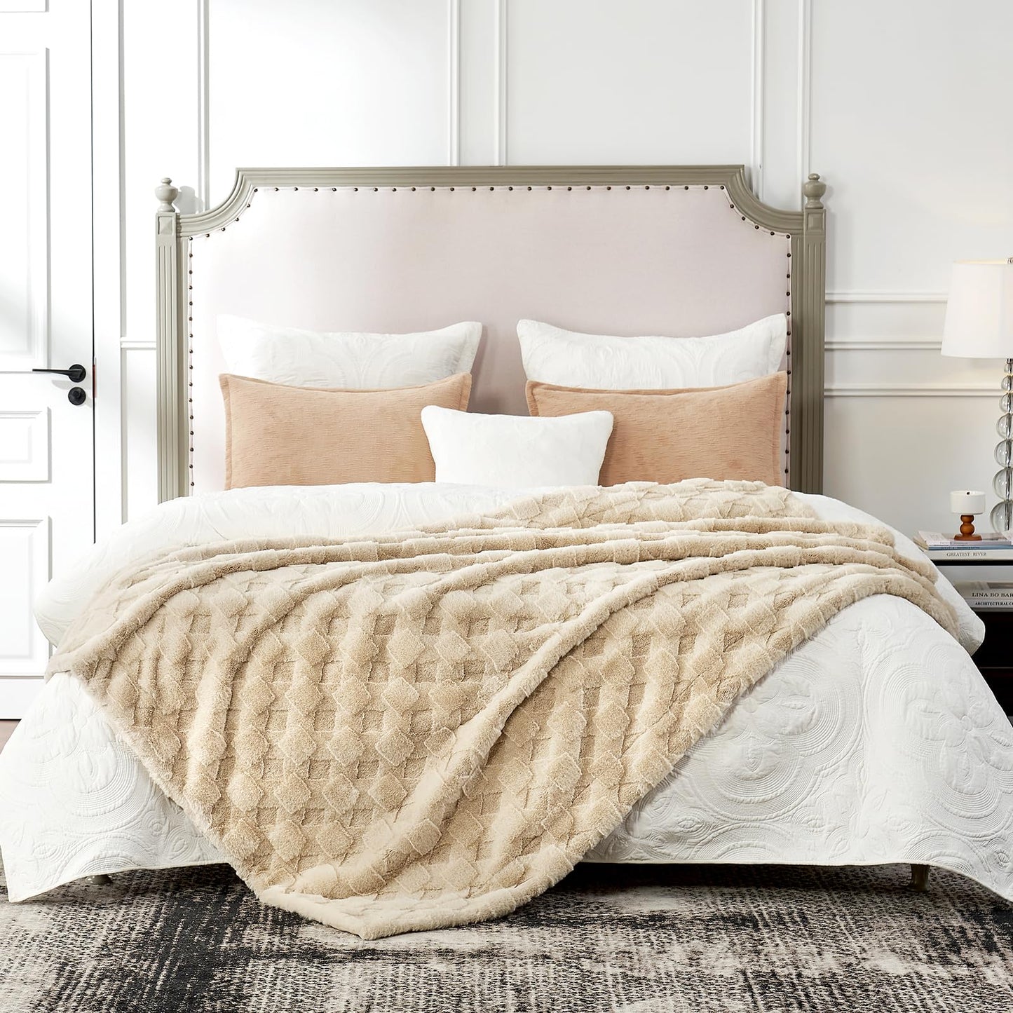 Cozy Bliss Faux Fur Throw Blanket for Couch - Clearance Soft Checkered Fuzzy Cozy Throw Gift Blankets for Women,Beige Boho Blanket for Sofa Bedroom Living Room.50 * 60 Inches