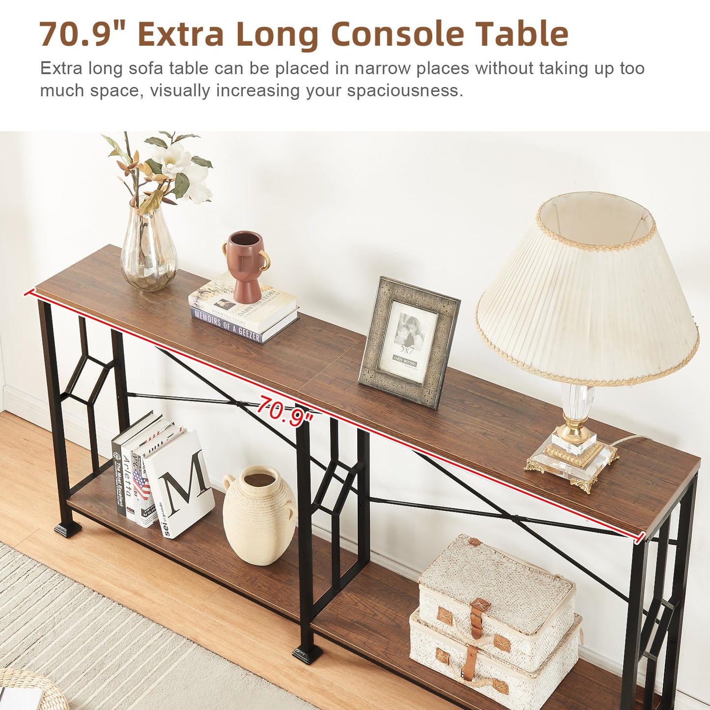 HOMISSUE Long Entryway Console Table, 70.9" Industrial Narrow Sofa Tables Behind Couch with 2 Tier Storage Shelf for Hallway, Living Room, Rustic Brown