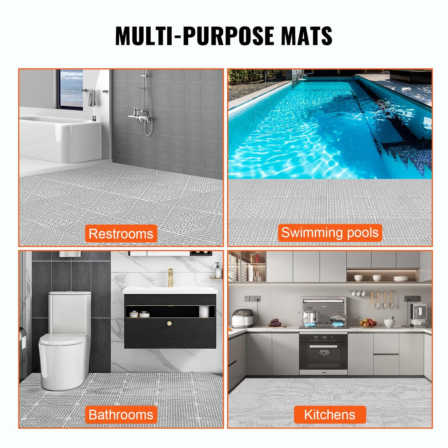VEVOR Modular Interlocking Cushion, 50 Pack 12" x 12" Splicing Drainage Mats, Soft PVC Interlocking Drainage Floor Tiles, Non-Slip Drainage Holes for Restroom, Bathroom, Kitchen, Pool, Wet Areas, Gray
