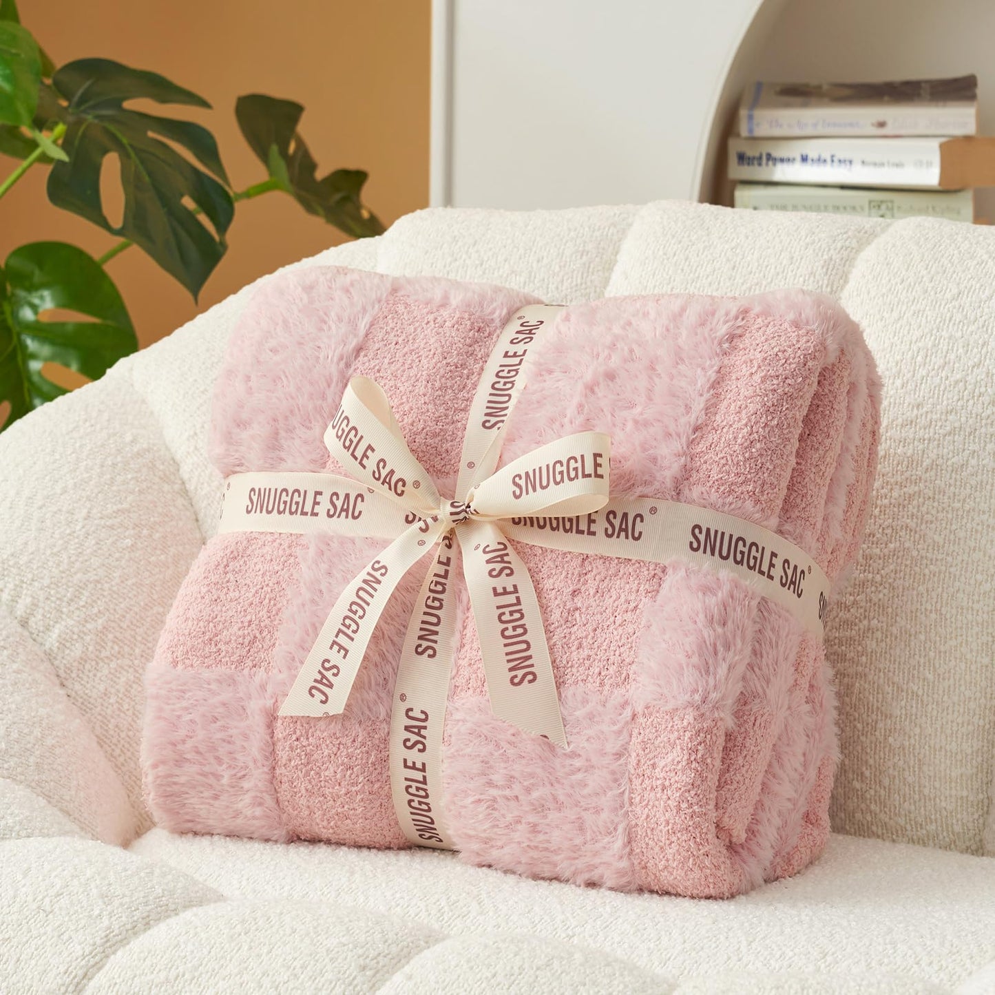 Snuggle Sac Pink Checkered Throw Blanket,Fluffy Faux Fur Knitted with Soft Microfiber Warm Throw Blankets for Couch, Sofa, Chair, Bed, Solid Pink, 50x60 inches