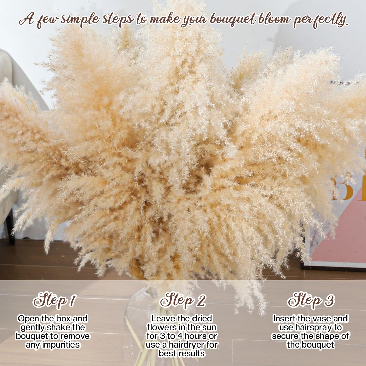 Pasuvsigt 12pcs 40'' Dried Pampas Grass Decor - Tall-Large Pampas Grass - Natural Beige - Boho Home Decor