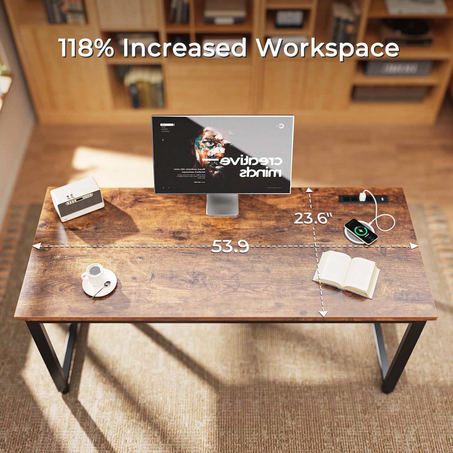 Huuger 55 x 24 inch Desk with Power Outlets & USB-C, Deeper & Thicker Desktop, Robust Metal Tubes, Computer Desk, Heavy Duty Office Desk, Work Gaming Desk for Home Office, Rustic Brown