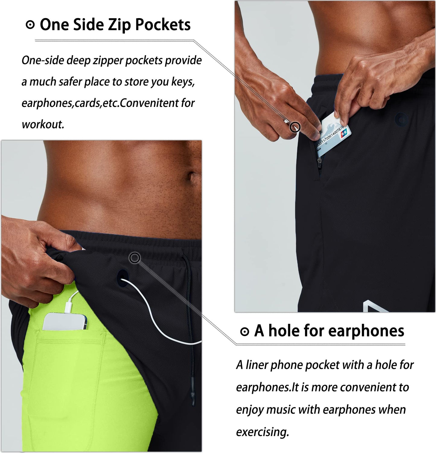 Pinkbomb Men's 2 in 1 Running Shorts Gym Workout Quick Dry Mens Shorts with Phone Pocket (Black&Green, Large)
