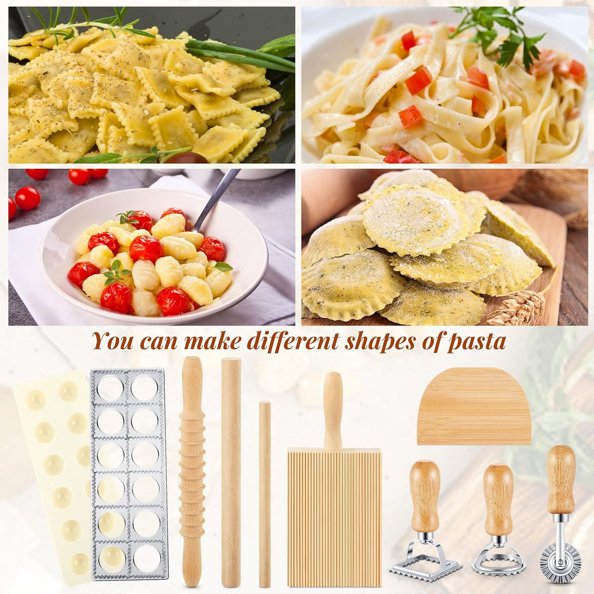 Tioncy 9 Pcs Pasta Making Tool Ravioli Gnocchi Maker Set Include Ravioli Mold Wooden Cutter Rolling Pin Gnocchi Board Wood Stick Dough Scraper Pasta Stamps(Simple Style)