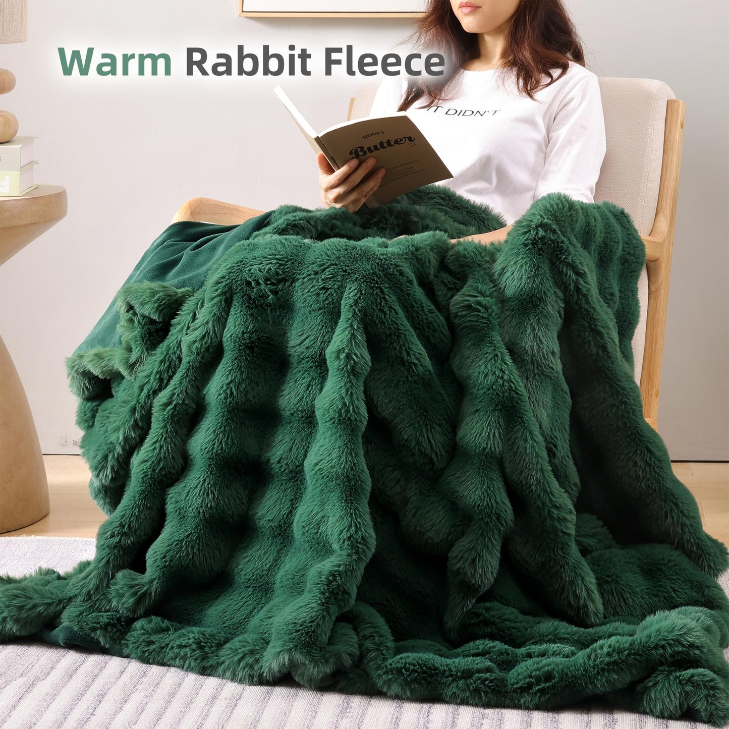 Smoofy Faux Fur Throw Blanket for Couch – Dark Green Fluffy Cozy Rabbit Fleece, Plush Soft Bubble Blanket for Sofa & Bed, for Mom, Warm Fuzzy Home Room Decor Throw 50" x 60"