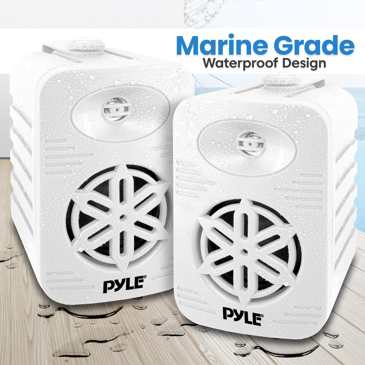 PyleUSA Bluetooth Indoor Outdoor Speakers Pair-300 Watt Dual Waterproof 4” 2-Way Full Range Speaker System w/1/2” High Compliance Polymer Tweeter-Home, Boat, Marine, Deck(White)(PDWRBT46WT)
