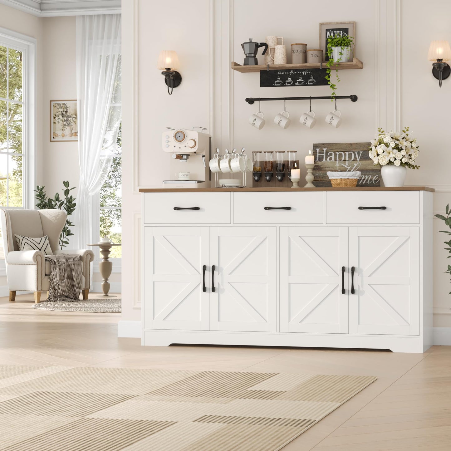 HOSTACK 59" Large Buffet Cabinet with Storage, Farmhouse Sideboard Buffet Cabinet with 3 Drawers, Wood Kitchen Coffee Bar with Doors and Shelves, Long Sideboard Kitchen Table for Dining Room, White