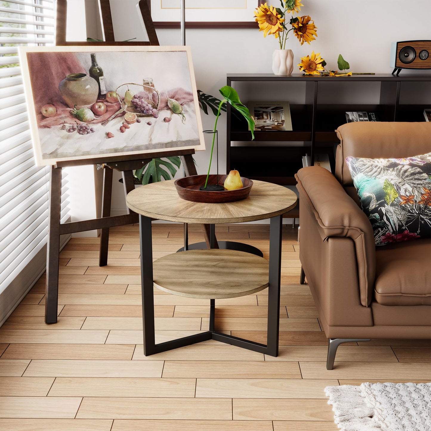 LEEMTORIG Round End Table with Storage, Farmhouse Circle Side Table for Living Room, Solid Wood 2-Tier Nightstand, Natural Wood Tabletop & Black Metal Frame, 25.2" D x 24" H, CJZ-1338