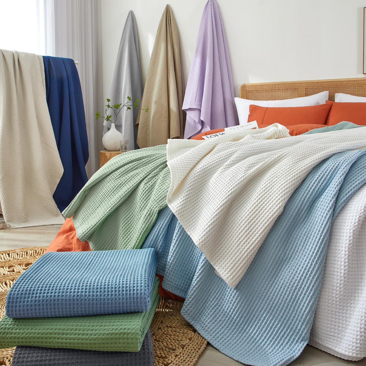 PHF Pre-Washed Cotton Waffle Weave Blanket King Size for Bed,Snag Proof Throw Blanket for Couch Spring Summer Lightweight Breathable,Oeko-TEX Certified,Machine Washable,Home Decor Gift，Light Grey