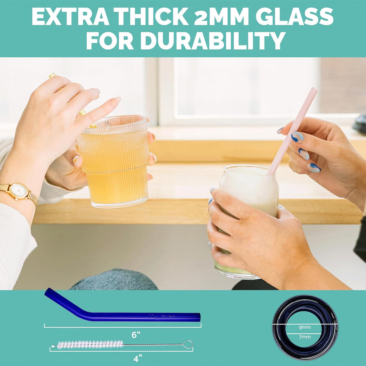 Simply Straws 6 Inch Glass Straws Bent (6-Pack) – Reusable Glass Straws for Low Balls & Stemless Glasses, with Cleaning Brush – Dishwasher Safe, Hot & Cold Use, BPA-Free (Seaglass)