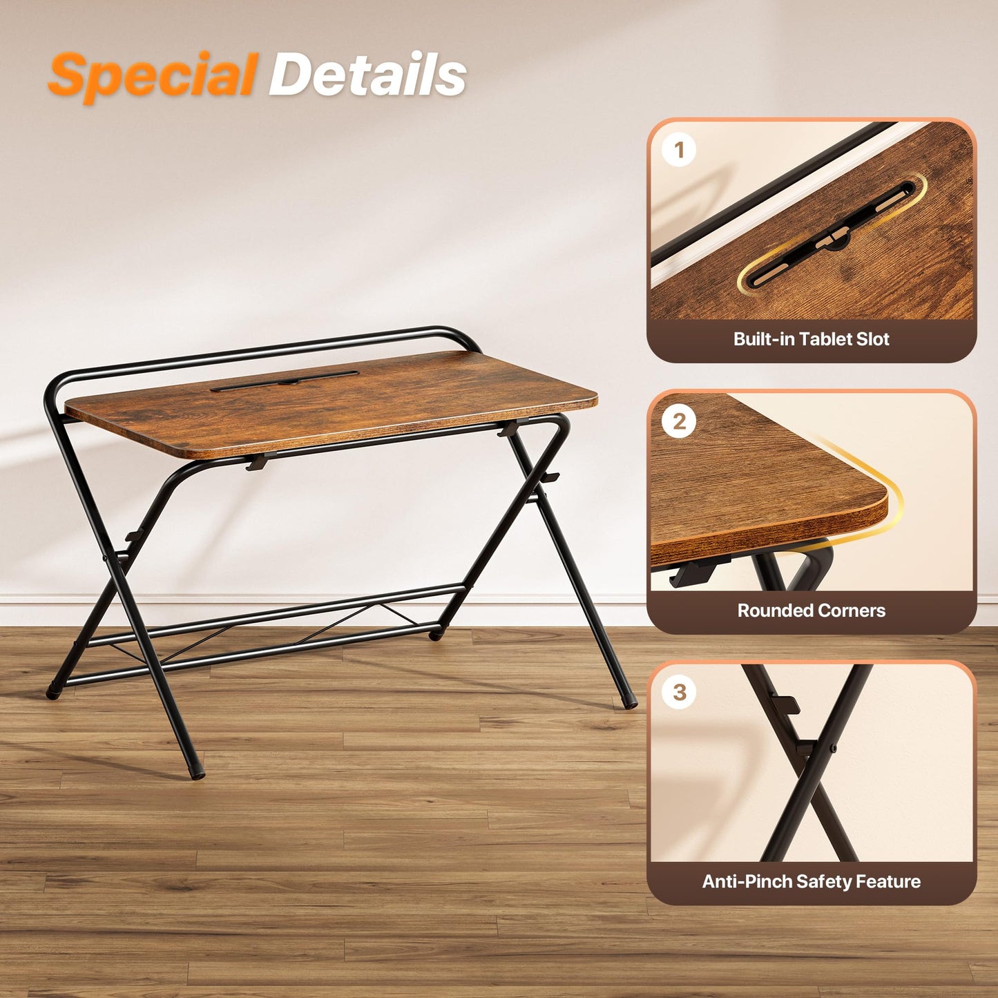 Huuger Folding Desk with 3-Level Adjustable Height and Tablet Slot, 32 Inch Foldable Computer Desk for Small Spaces, Space Saving, Writing Work Table for Home Office, Bedroom, Study, Rustic Brown