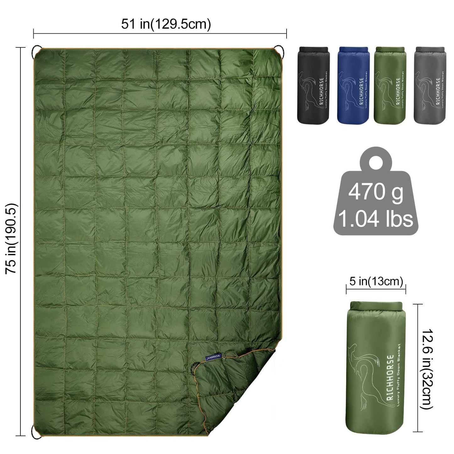 RICHHORSE Down Camping Blanket - Camp Blanket, Lightweight, Packable, Puffy, Wearable, Water Resistant, Backpacking Quilt for Outdoor Camping, Travel and Hiking