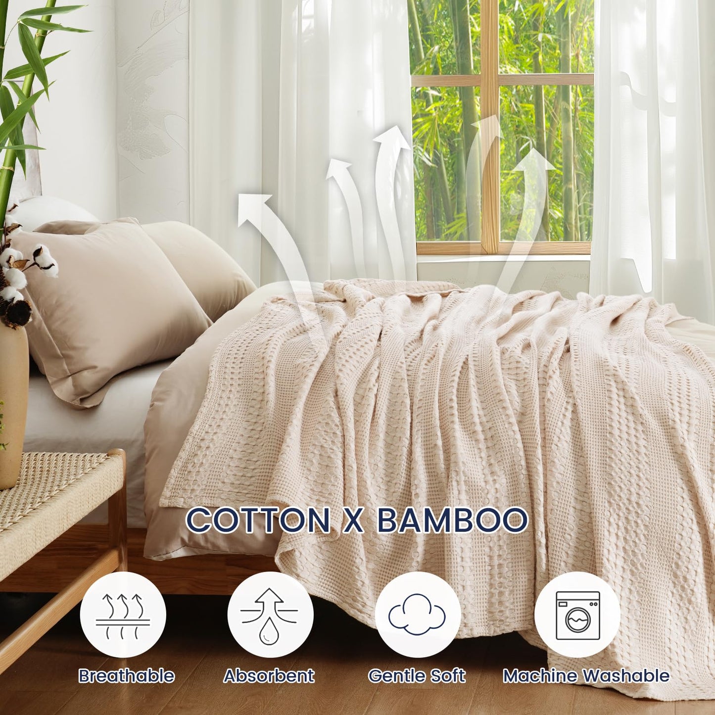 PHF Stone-Washed Cooling Waffle Twin Size Blanket - Lightweight Breathable Summer Blanket, 60% Rayon from Bamboo & 40% Cotton, Luxuriously Soft for Bed & Couch, 66"x90", Light Pink