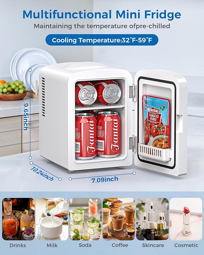 Electactic 4L/6 Cans Mini Fridge, Portable Compact Refrigerator, Small Skin Care Fridge, Food and Drinks, Small Cooler for Bedroom, Dorm, Car, Office, White