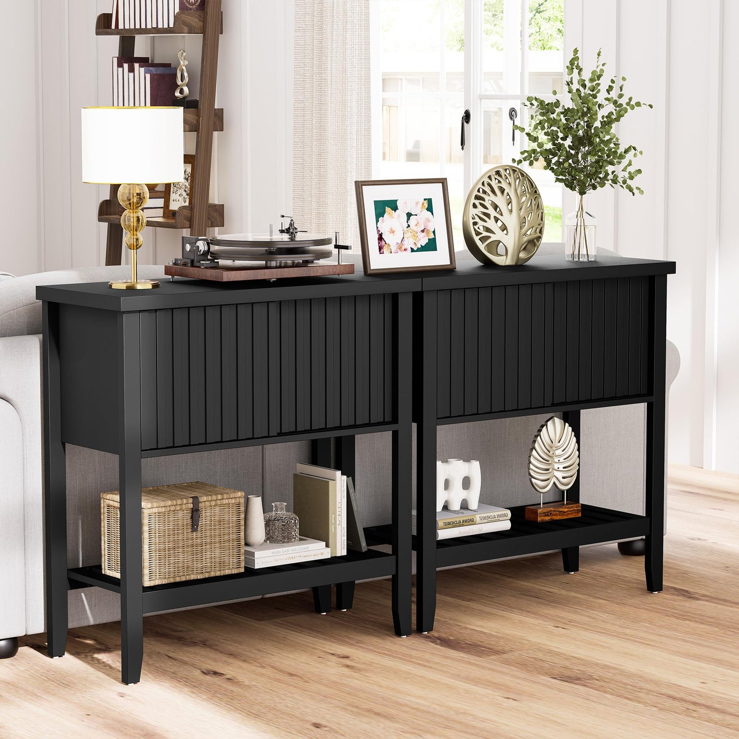 FJTFORME 31.5" Black Entryway Console Table with Sliding Drawer Doors, Narrow 2-Tier Sofa Table with Storage Shelf for Hallway, Living Room, or Office