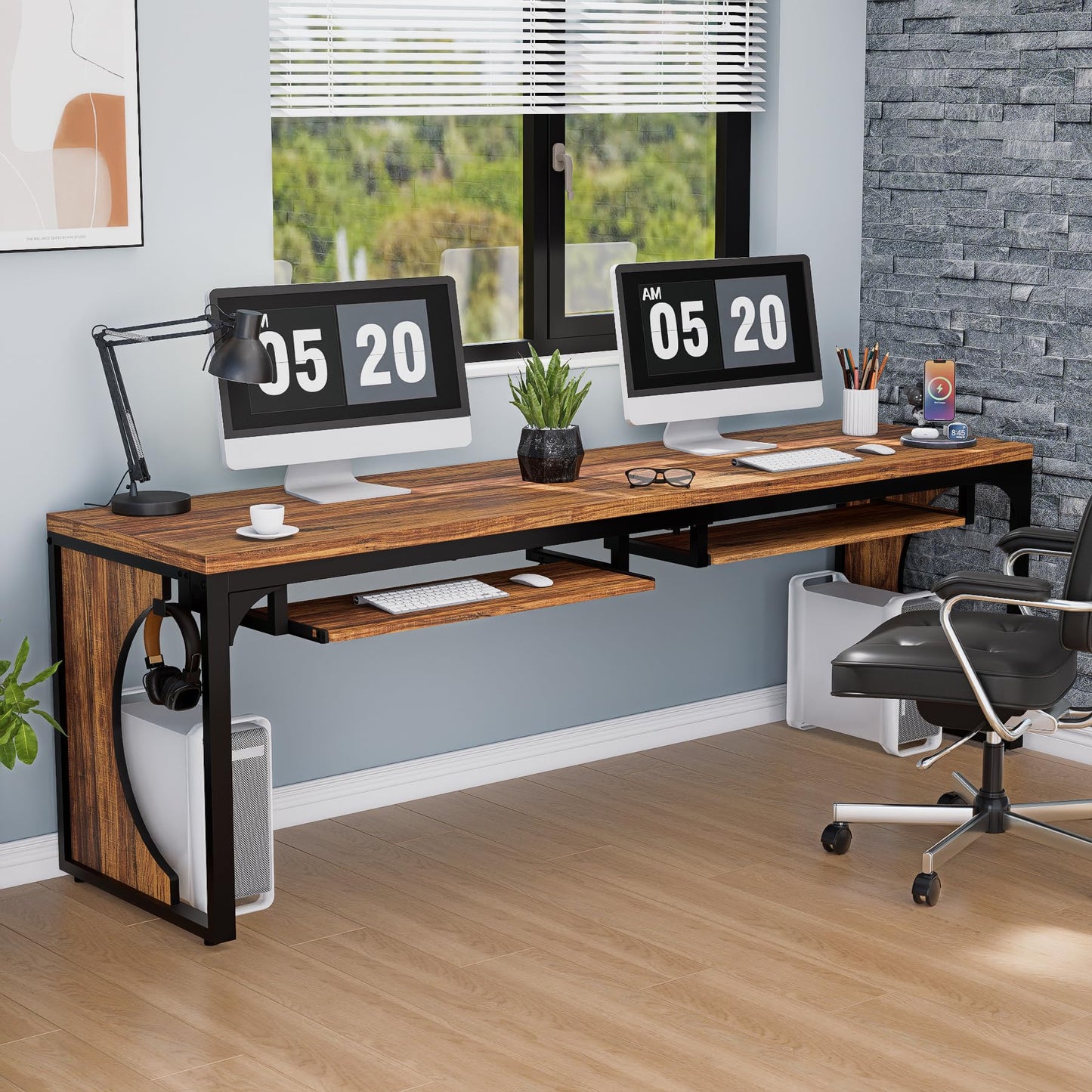 FUXJUM 78.7 Inch Extra Long Home Office Desk Game Computer Desks for 2 Persons Double Keyboard Trays Workstation with Hooks Writing Study Table Rustic Brown MDF and Metal Frame