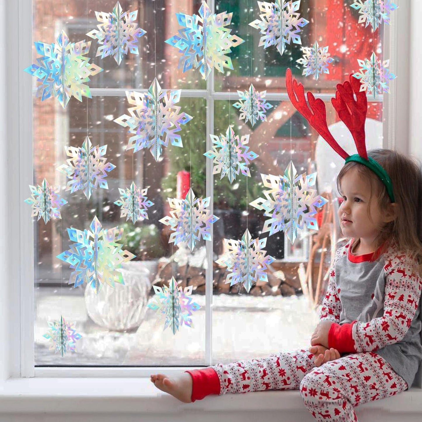 OuMuaMua 24PCS 3D Laser Iridescent Snowflakes Hanging Decorations for Christmas Winter Wonderland Holiday Home Decorations Indoor