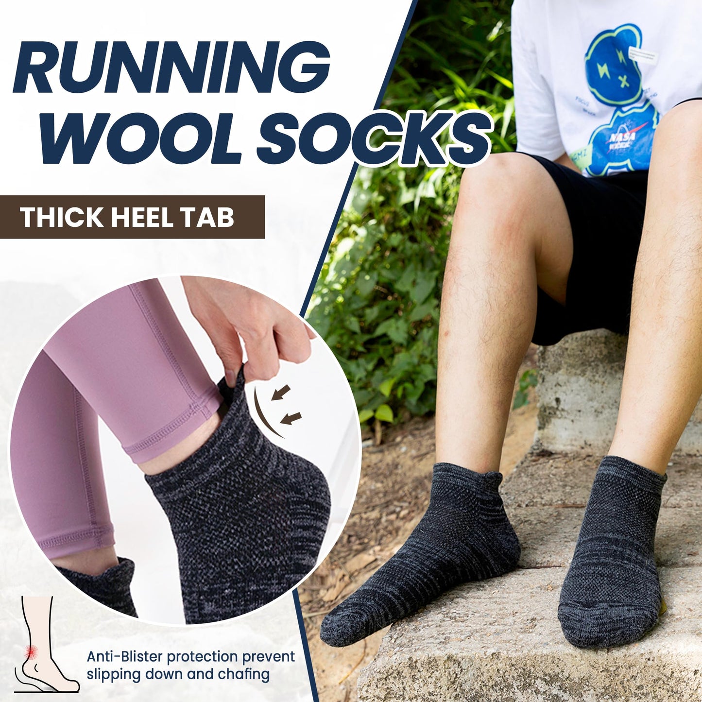 AMENLAN Merino Wool Ankle Socks Running Half Cushioned Men Women Hiking Thick No Show Socks 6 Pairs (Black/Grey/Brown,Medium)
