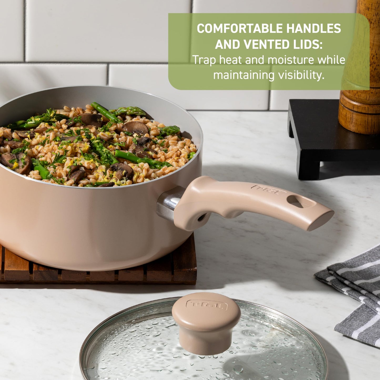 T-Fal Refresh Ceramic Nonstick Cookware Set, 20-Piece, Made without PFOA and PTFE, Oven and Broiler Safe up to 350°F, Includes Stockpot, Griddle, Frying Pans, and Utensils, Pots and Pans, Moon Grey