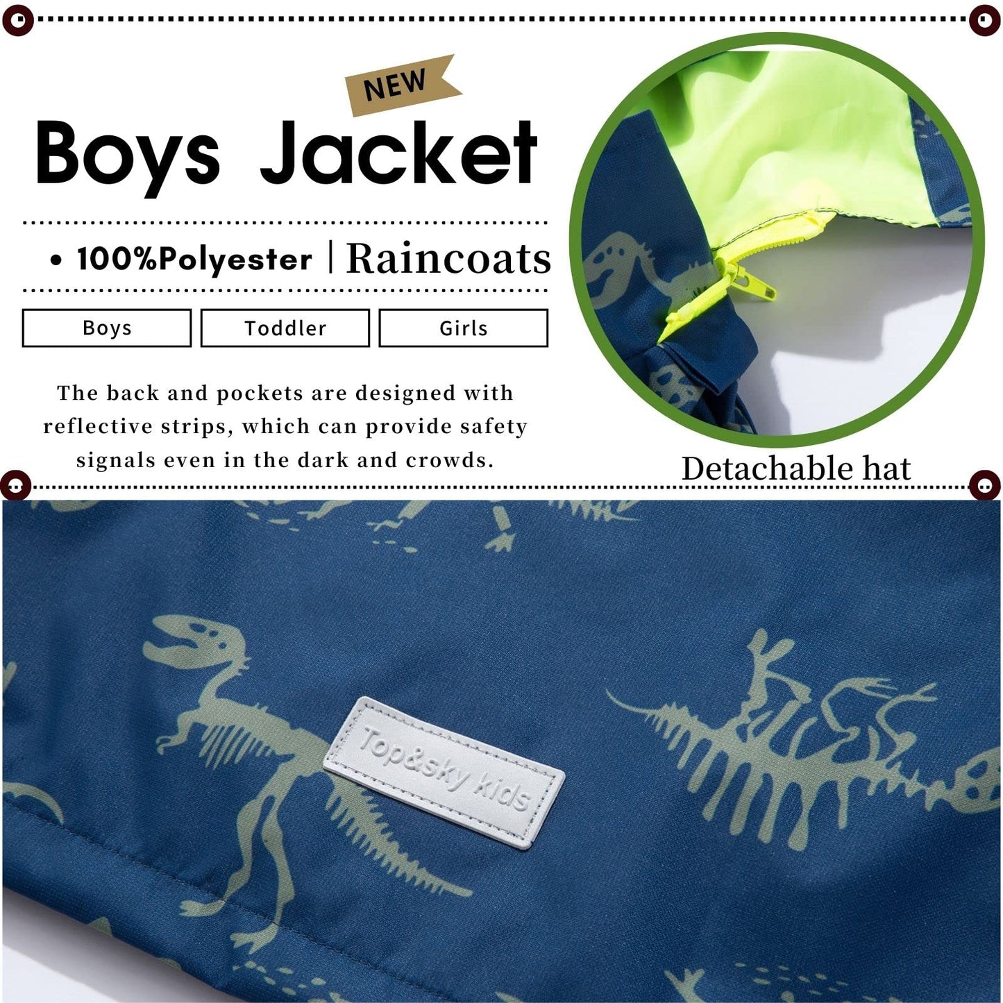 IjnUhb Boys Rain Jacket with Detachable Hood Lightweight Raincoats for Kids Windbreaker