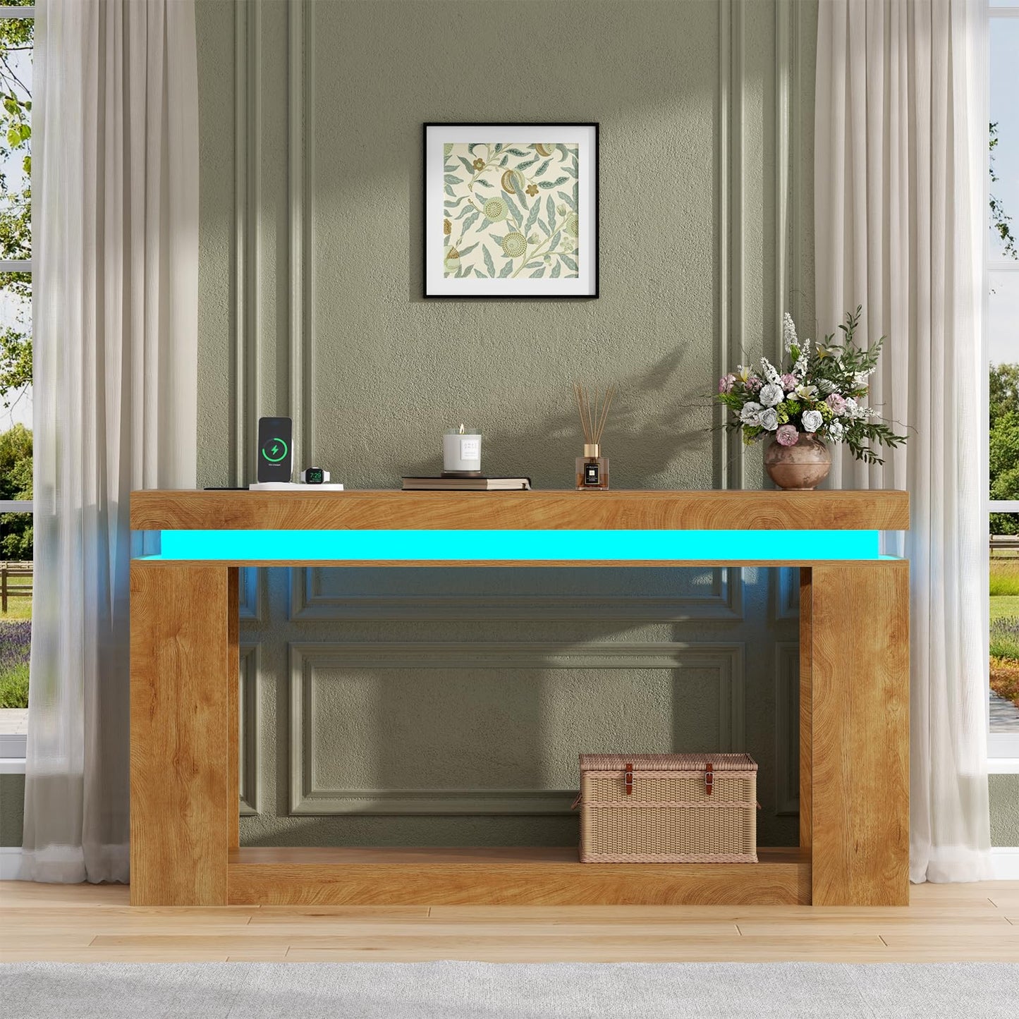 Loomie 63" Long Console Table with LED Lights & Power Outlet, 2-Tier Farmhouse Sofa Table Behind Couch with Storage, Narrow Entryway Tables with Heavy Duty Base for Living Room, Hallway (Natural)