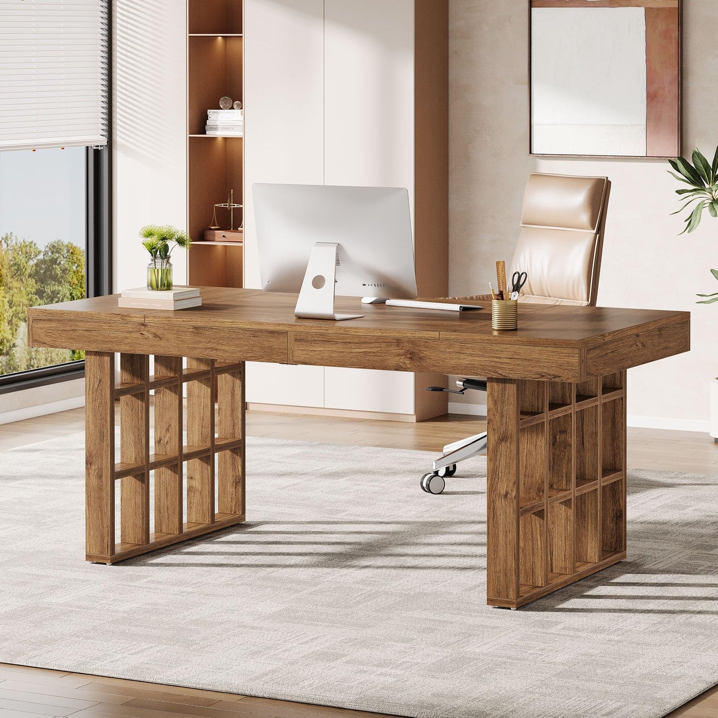 Tribesigns 62.9-Inch Computer Desk, Large Office Executive Desk with Double Pedestal, Simple Wooden Writing Study Table for Home Office