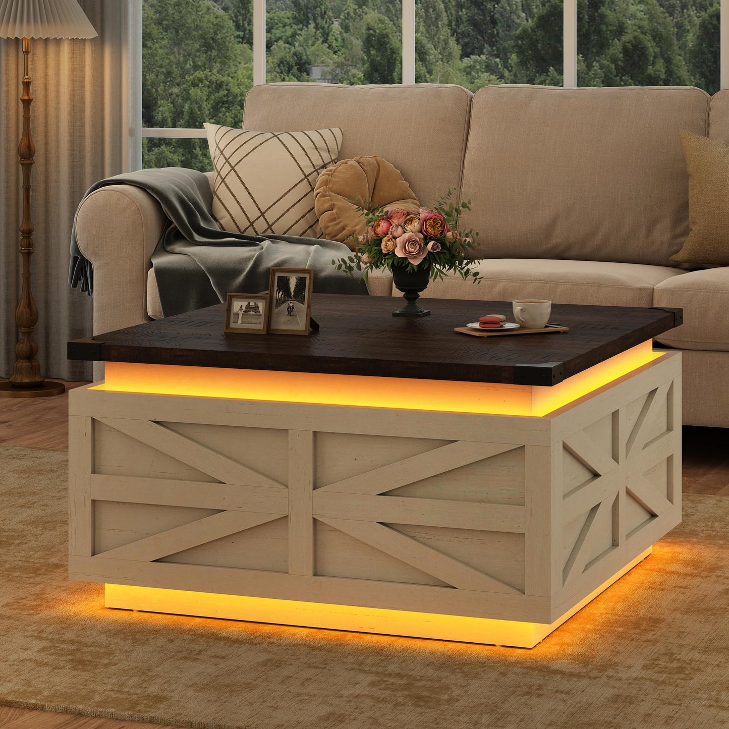 Large Farmhouse Lift Top Coffee Table with Hidden Storage Compartment, Wood Square Center Table with Charging Station&USB Ports for Living Room, White