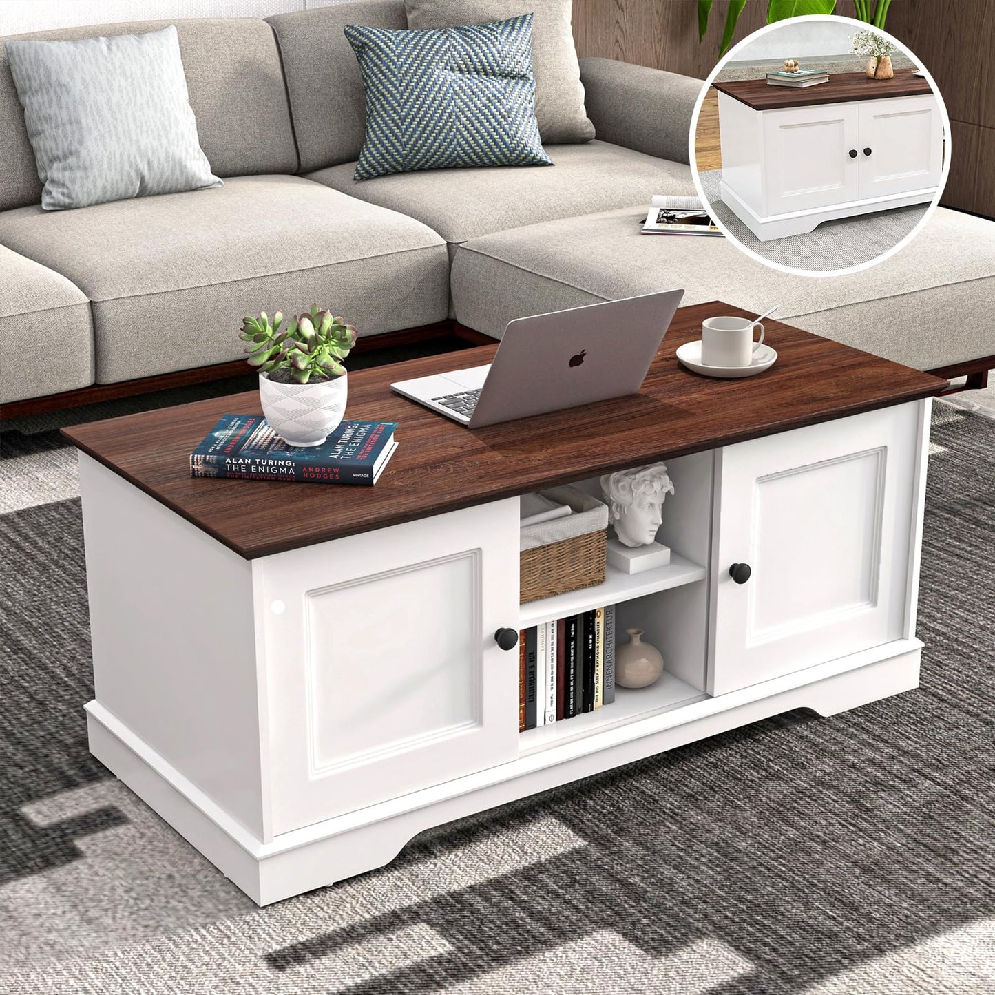 Patiorama 48'' Front-and-Back Symmetrical Farmhouse Coffee Table w/Storage & 4 Sliding Barn Doors, Wood Rustic Center Table w/Adjustable Shelves,Mid Century Mordern Coffee Table for Living Room,White