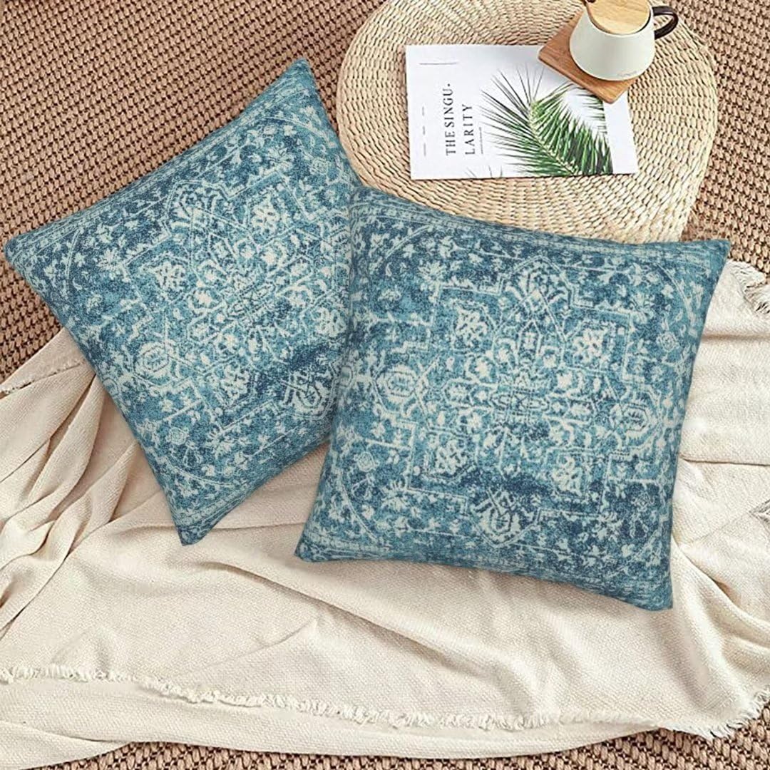 Sunshineyan Teal Boho Pillow Covers 18x18 Set of 2, Bohemian Carpet Pattern Outdoor Decorative Throw Pillows Linen Ethnic Design Rustic Farmhouse Cushion Cases for Couch Sofa Decor