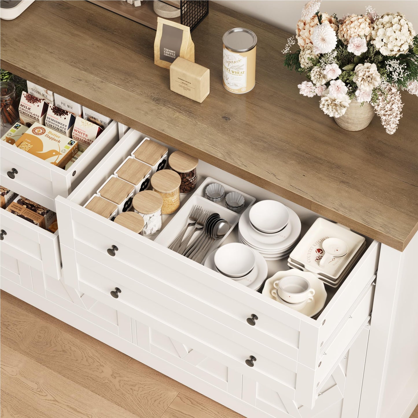 HOSTACK 55" Coffee Bar with 4 Large Drawers, 40" Tall Buffet Cabinet with Storage, Kitchen Storage Cabinet, Modern Farmhouse Sideboard Buffet, Adjustable Shelves for Living Room, White